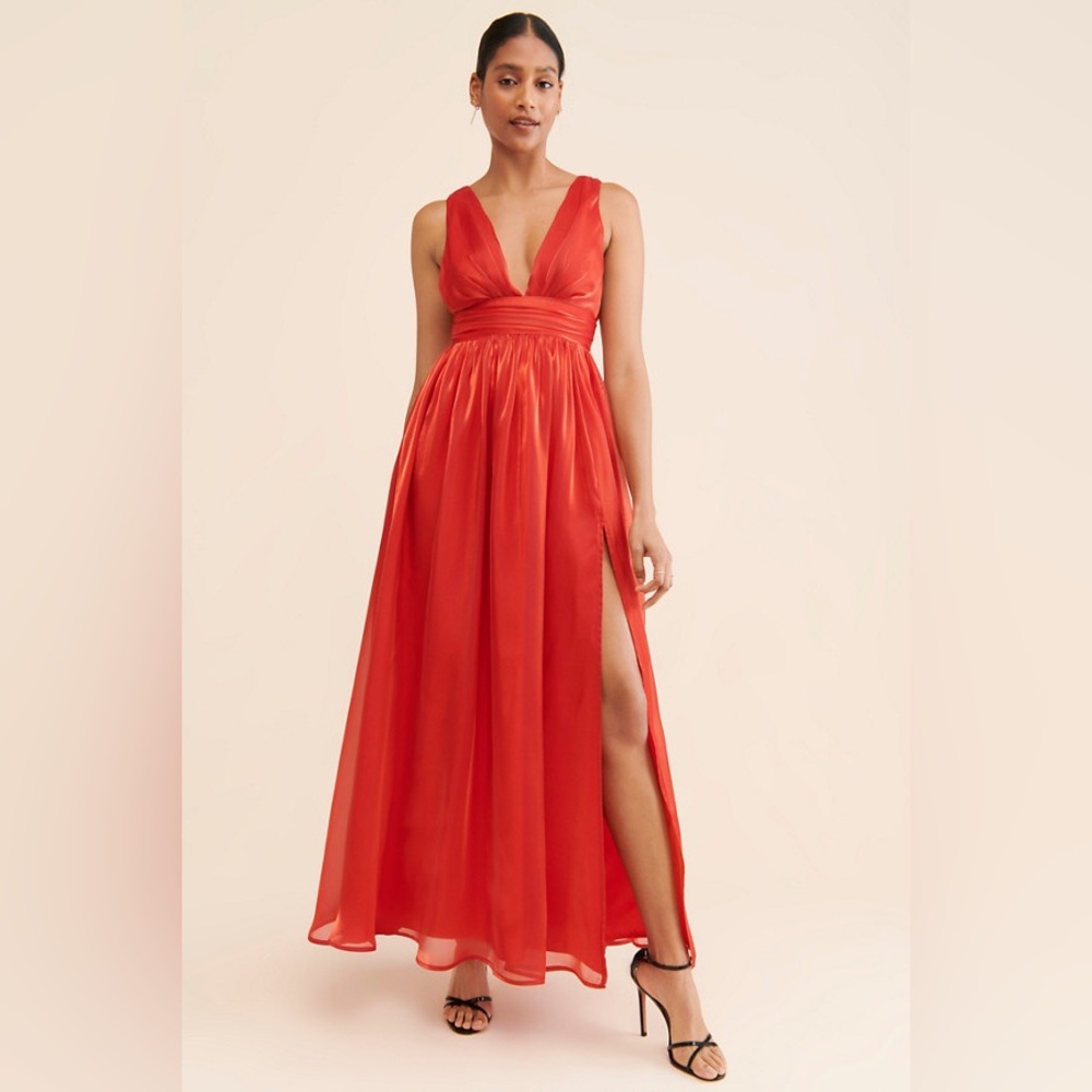 Anthropologie If By Sea Metallic Maxi Gown XS Red Prom Formal Deep Plunge Slit